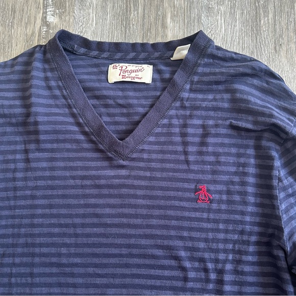 Penguin Original Long Sleeve Striped V-Neck Shirt in Navy Blue Size XL - Picture 4 of 5